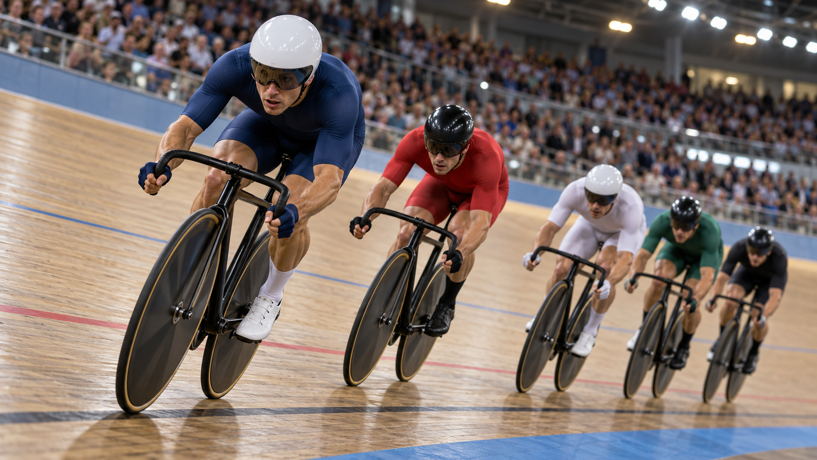 Track cyclists racing on a banked wooden velodrome