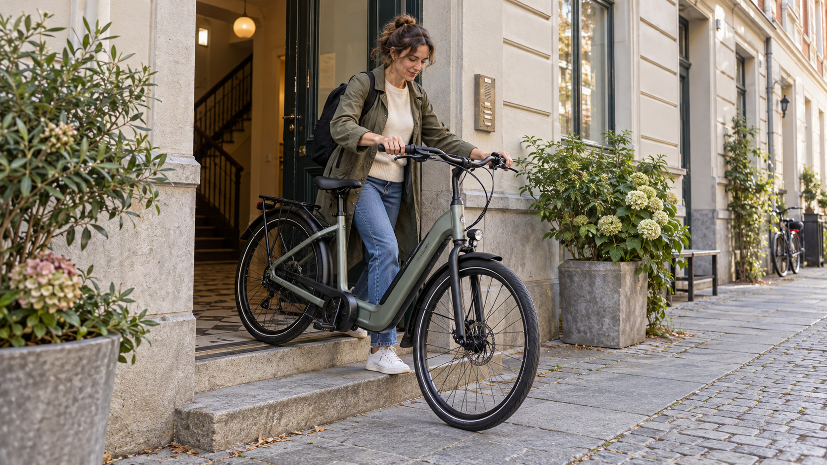 A city e-bike is guided over a building entrance step