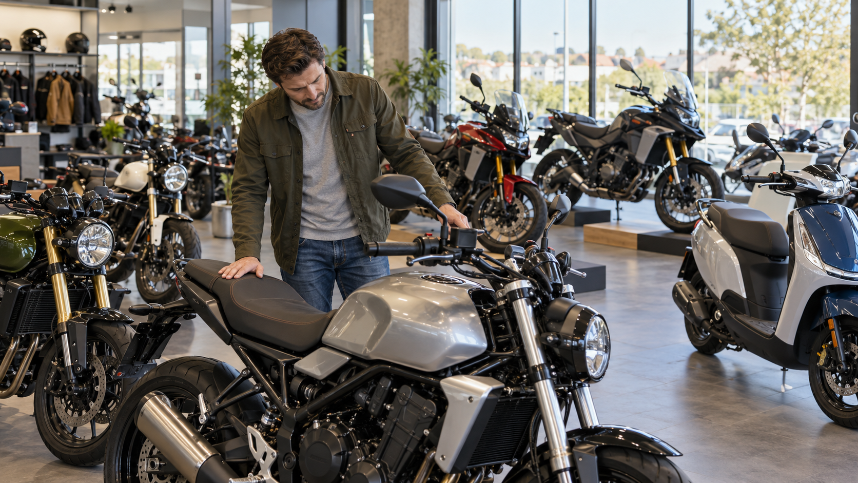 Pircējs motociklu salonā aplūko vairāku modeļu stāvokli.