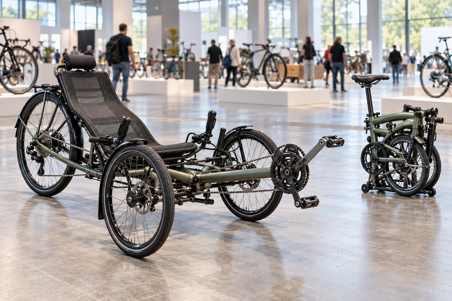 Recumbent tricycle and folded bicycle in an exhibition hall — an illustrative image.