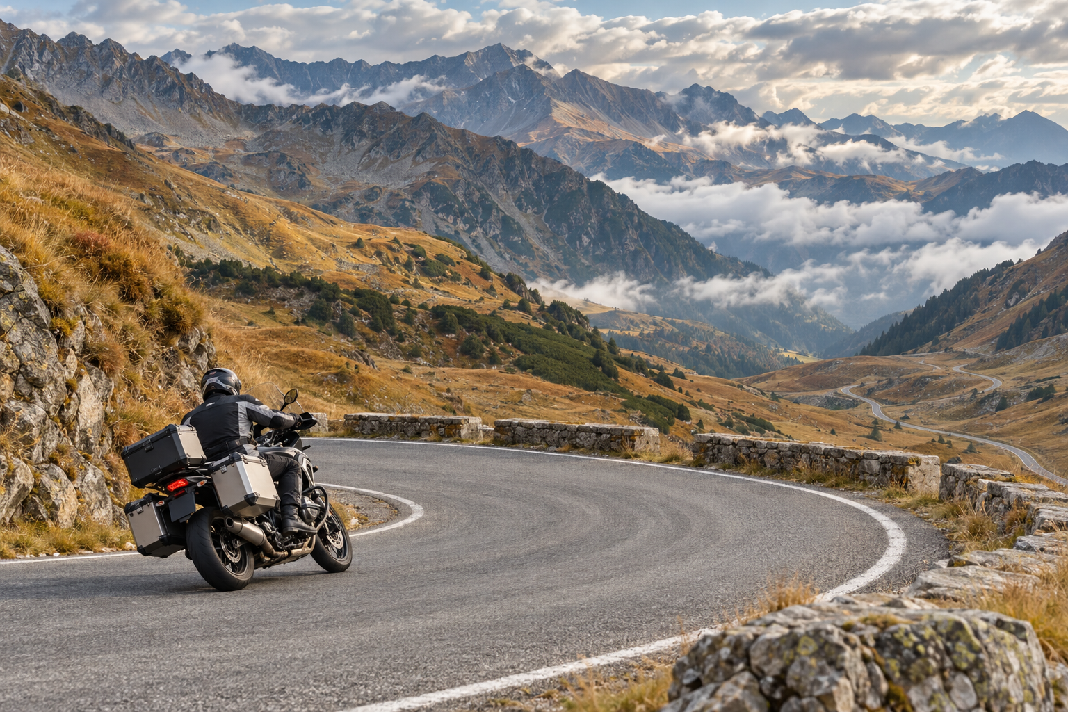 Motociklists līkumā uz kalnu ceļa