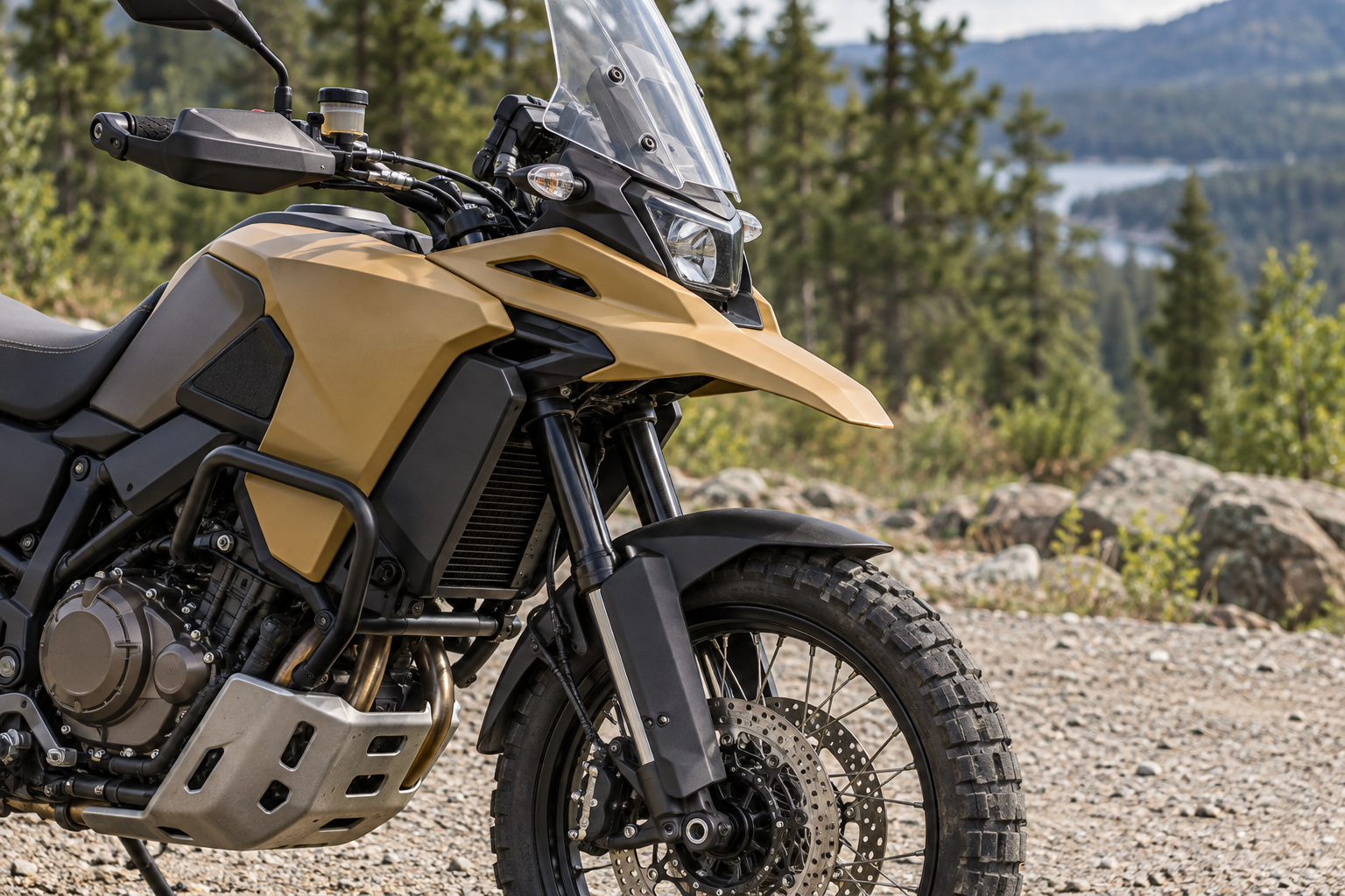 Adventure motorcycle front end with a beak-shaped fairing — an illustrative image.
