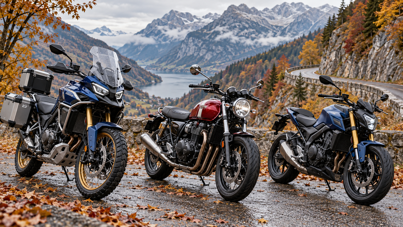 Three different types of motorcycle beside an autumn mountain road