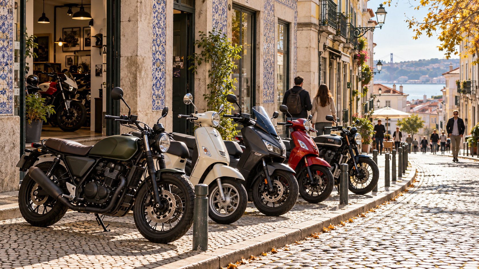 Motorcycles and scooters parked on a city street.