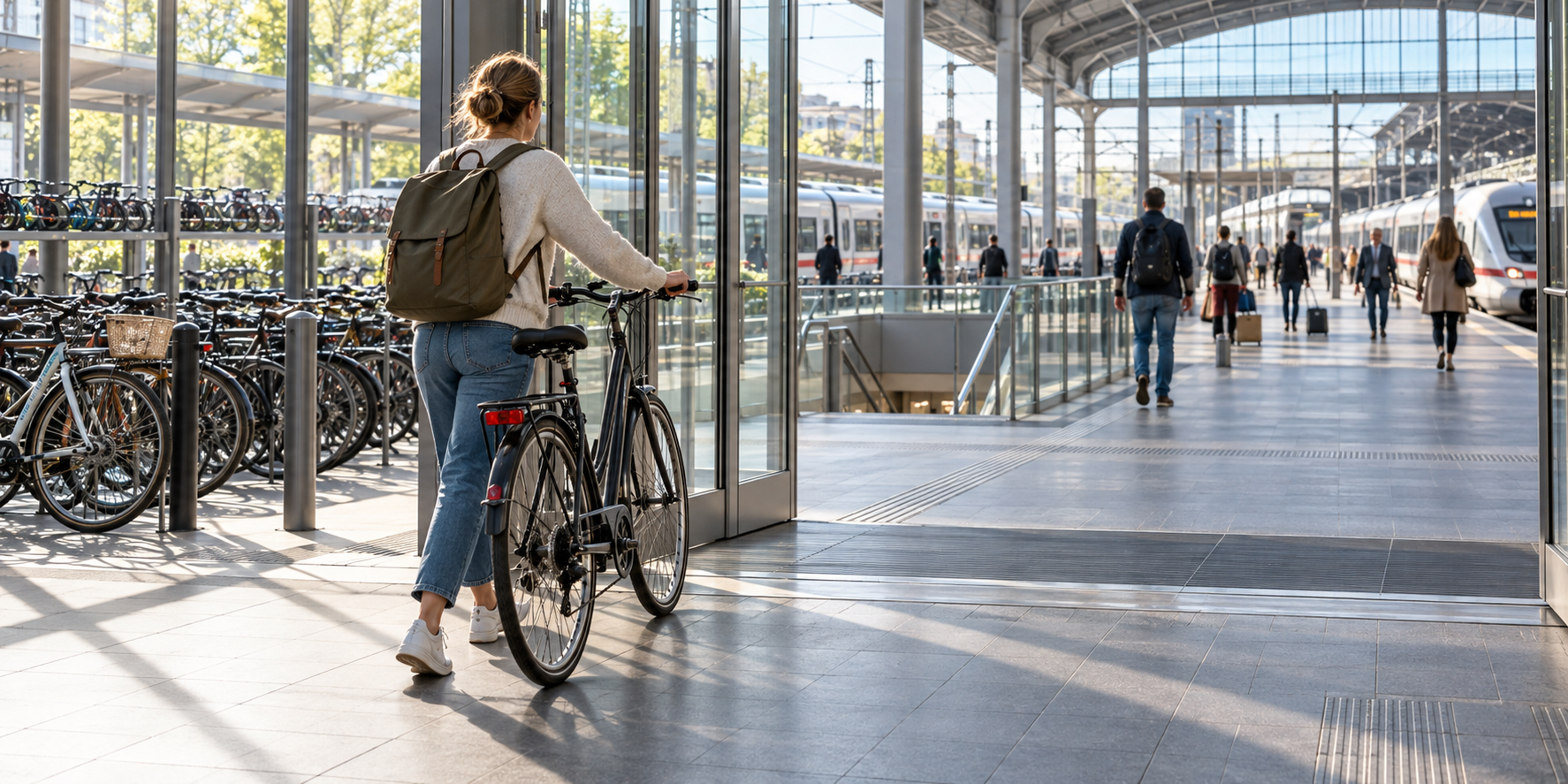 Pasažiere ar velosipēdu pie plašas dzelzceļa stacijas ieejas