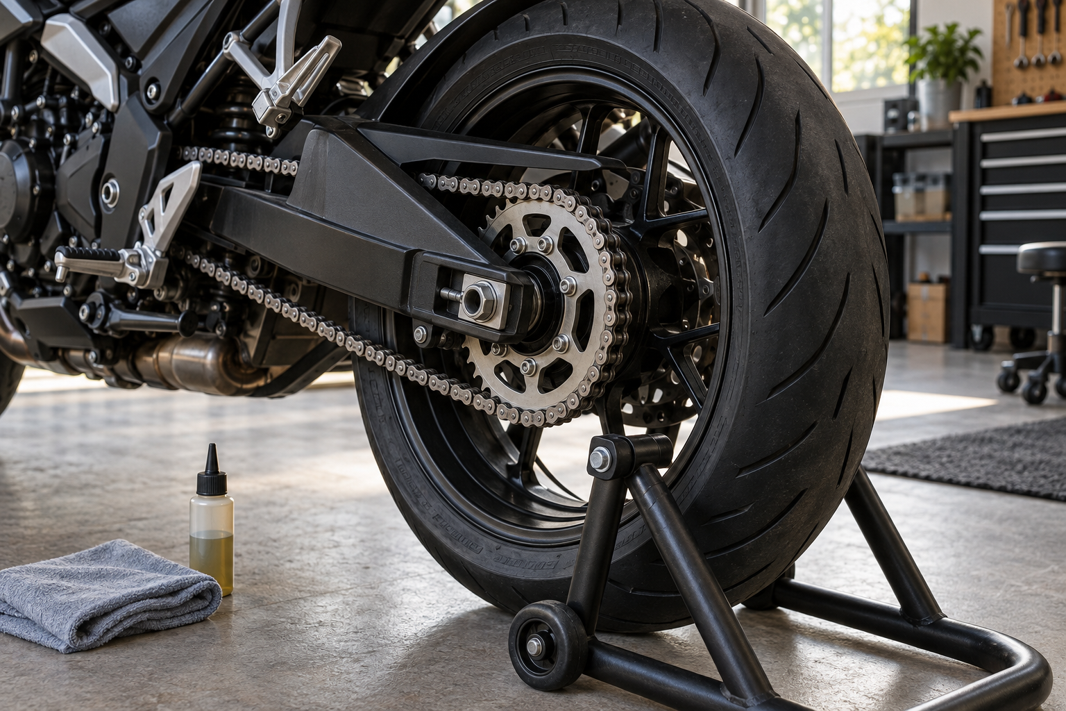 Illustrative view of a motorcycle chain and rear sprocket in a workshop.