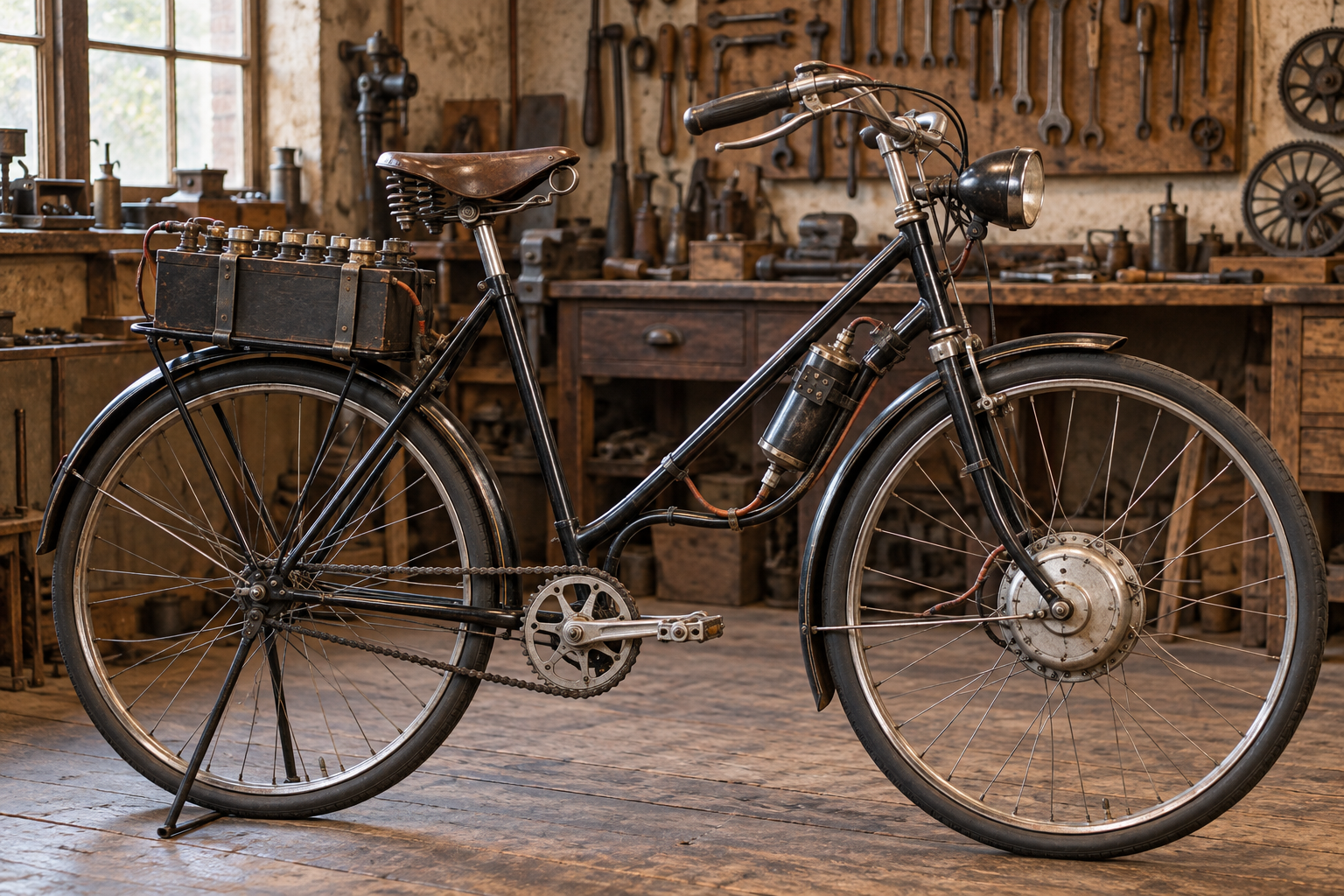 A period-style electric bicycle in a bicycle workshop