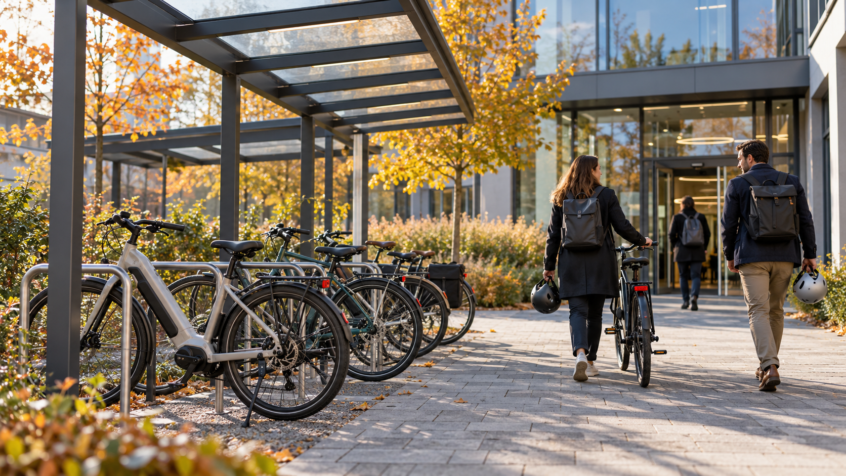 Bicycle parking outside a workplace on an autumn morning