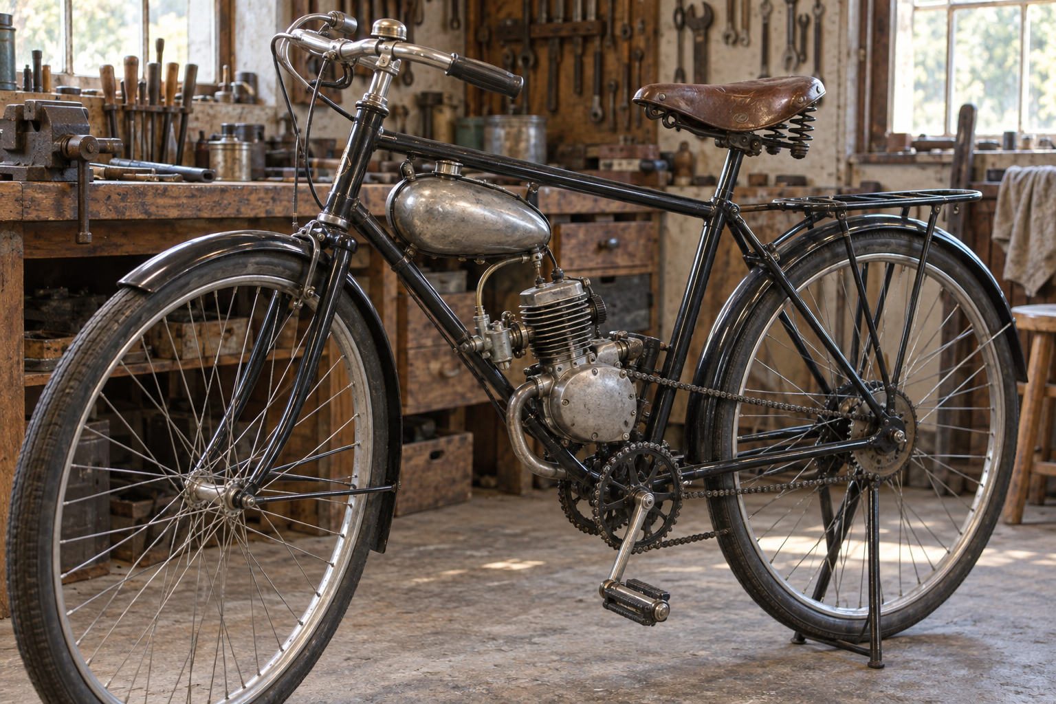 A bicycle with a small auxiliary engine in a workshop