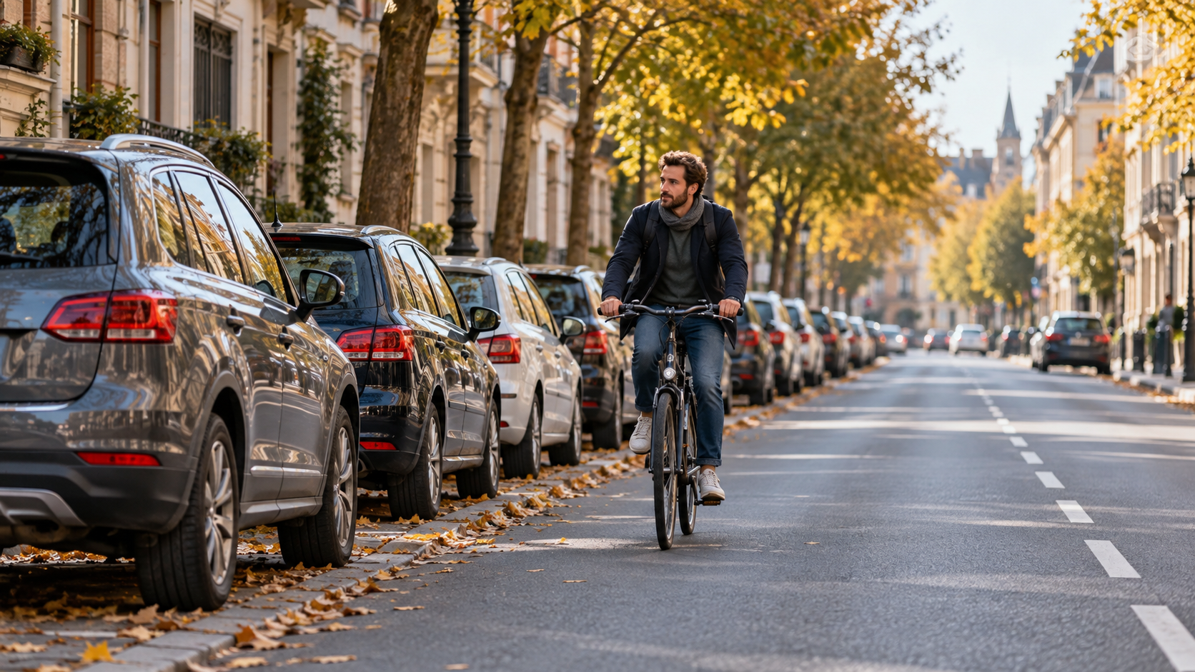 A cyclist keeps clear of a row of parked cars