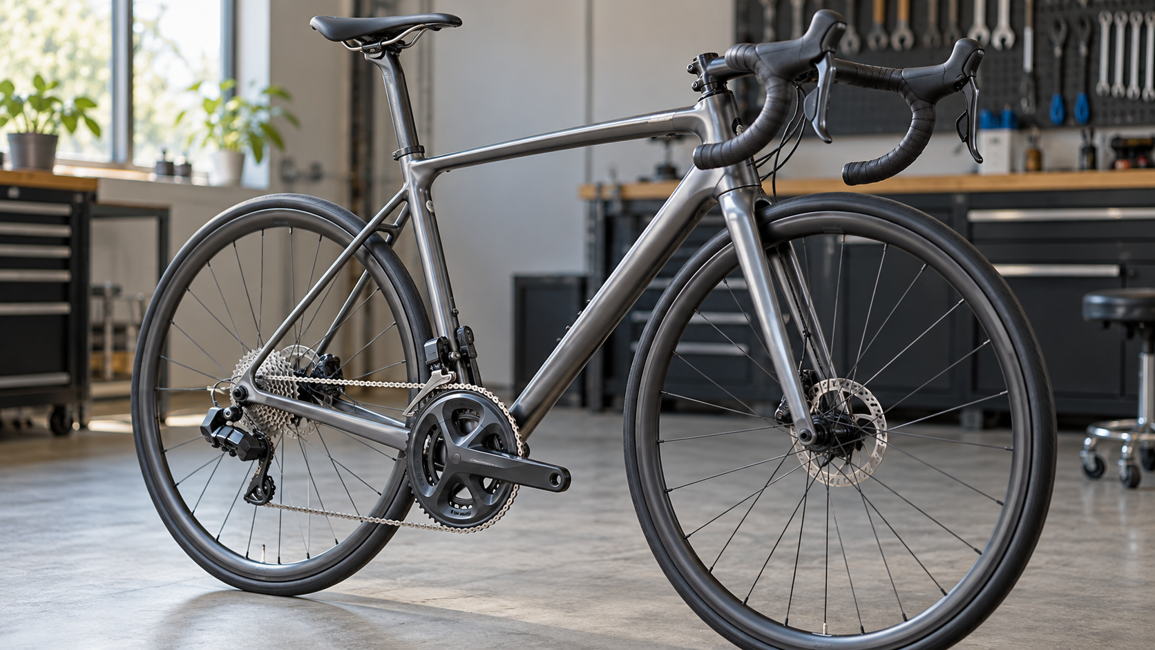 A road bicycle with its drivetrain visible in a workshop