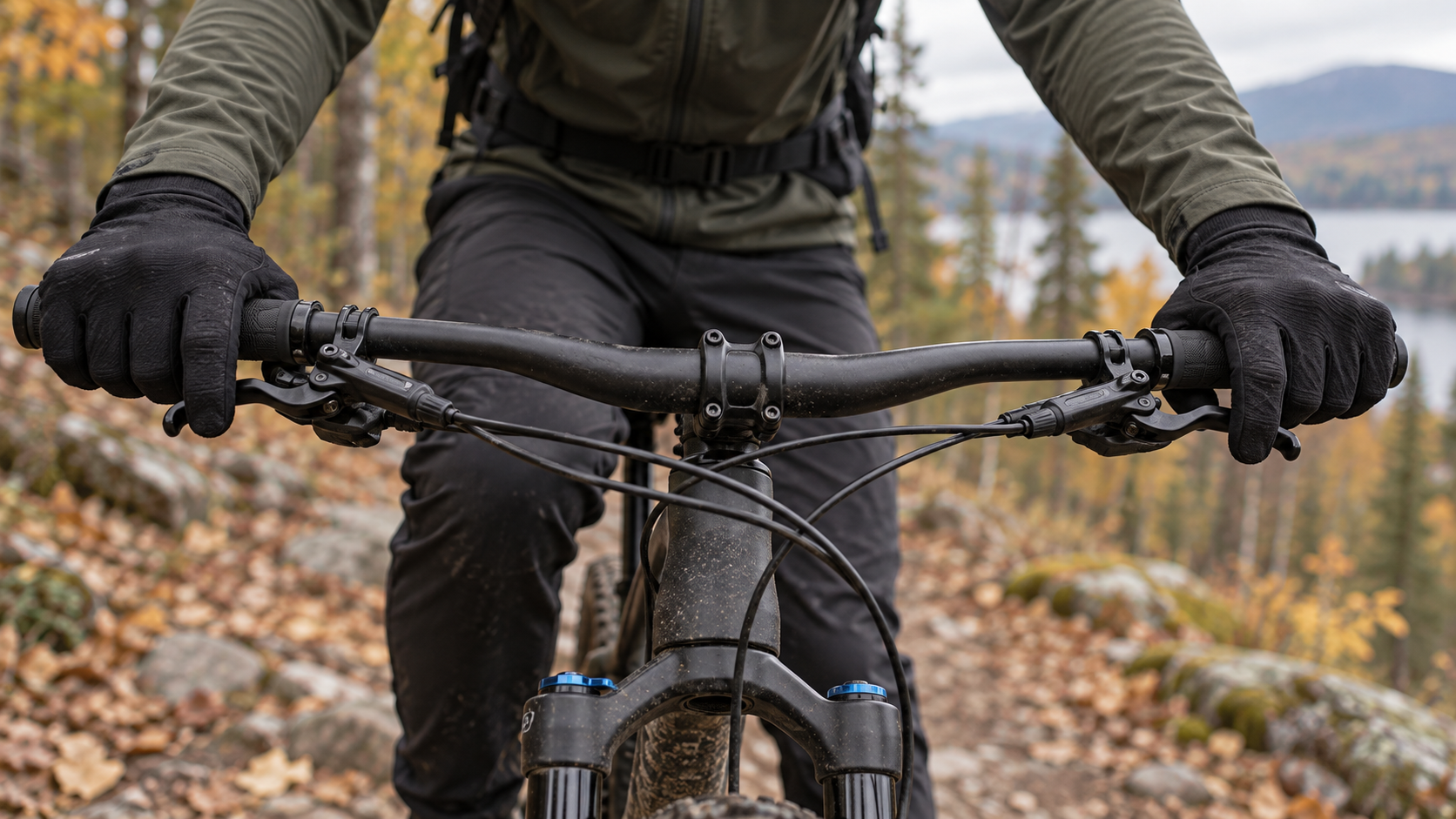 Velobraucēja rokas uz kalnu velosipēda bremžu svirām
