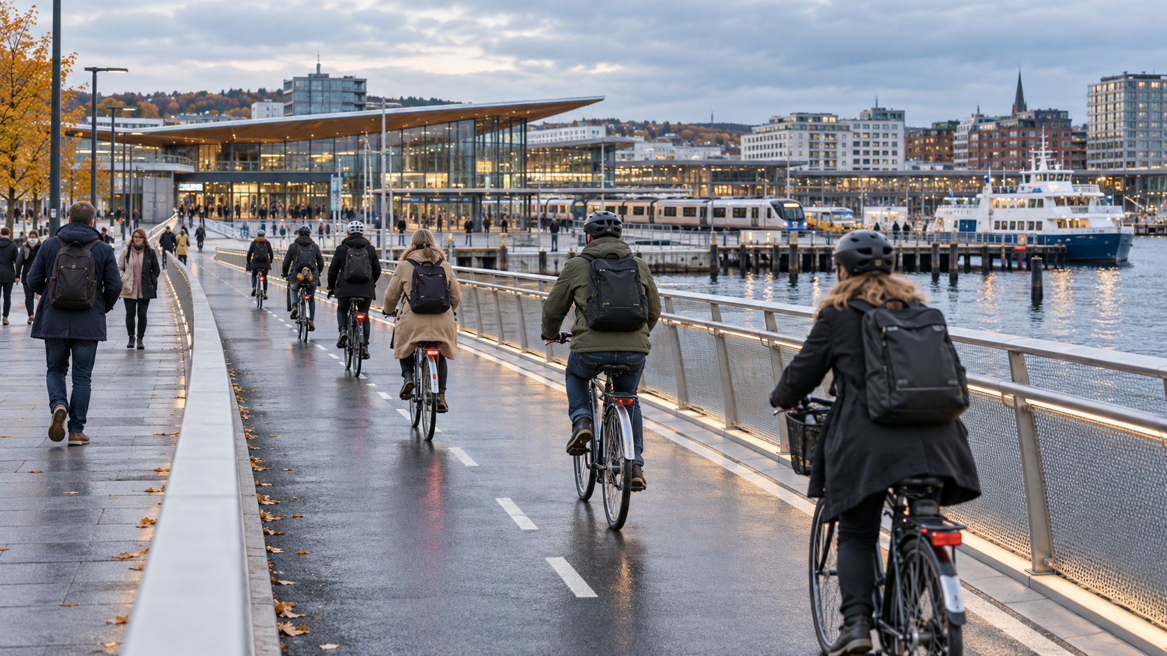 Cyclists cross a bridge near a coastal transport hub.