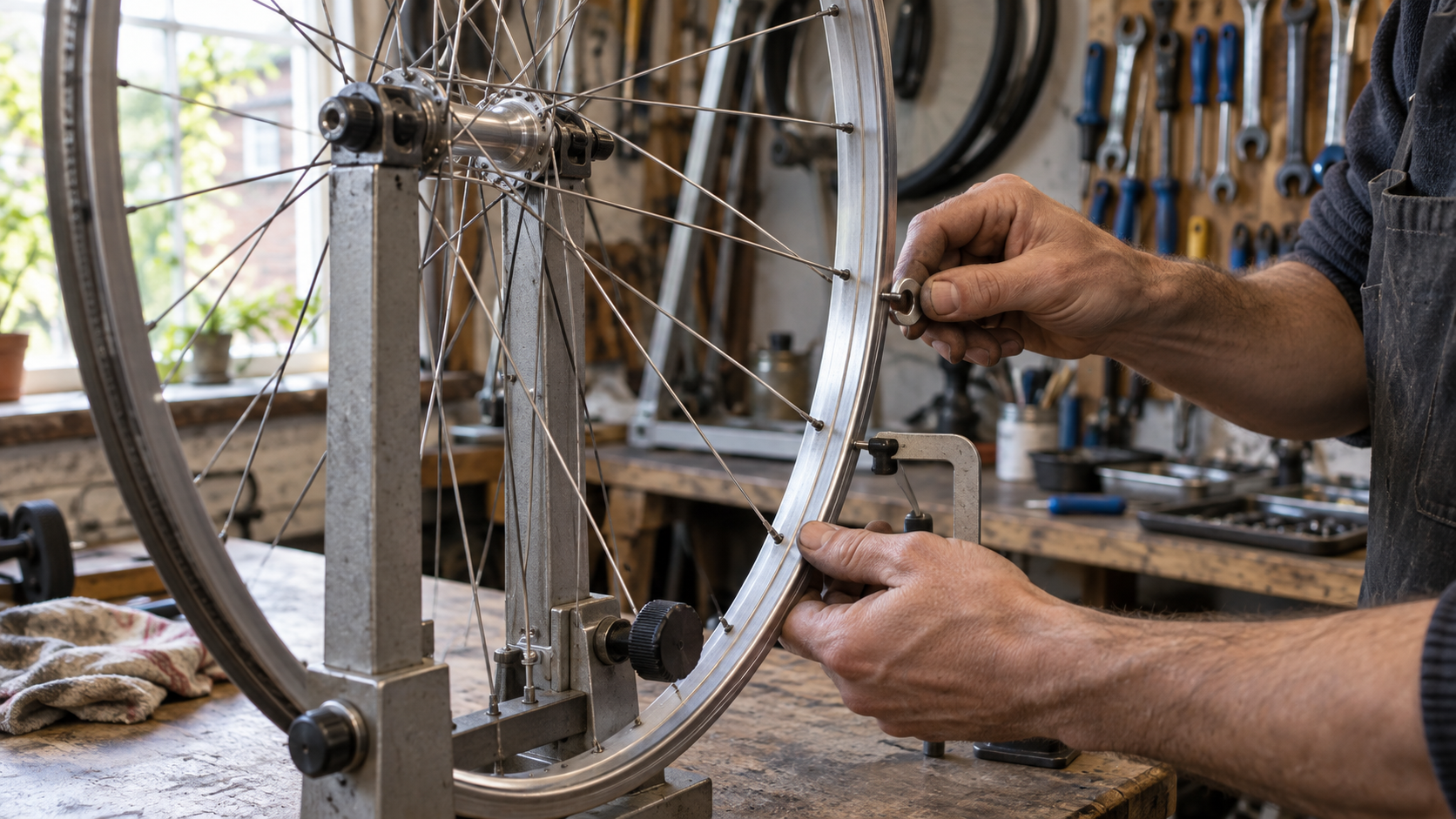 Velosipēda ratu regulē uz taisnošanas stenda