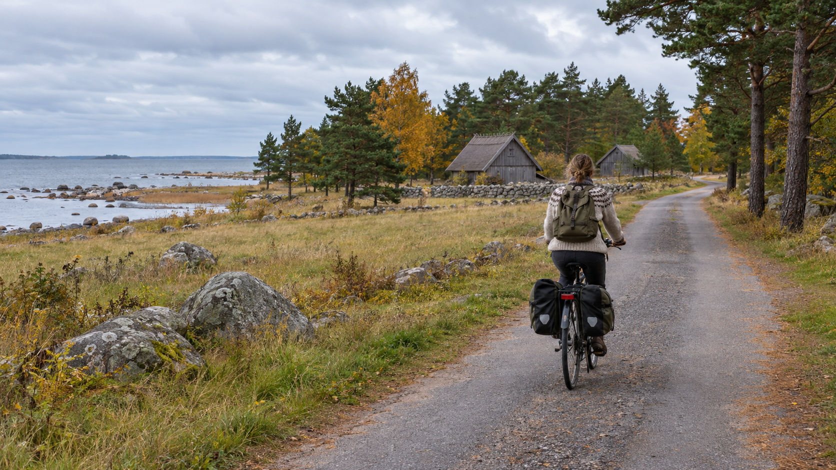 A cyclist on a quiet coastal road on Kihnu Island