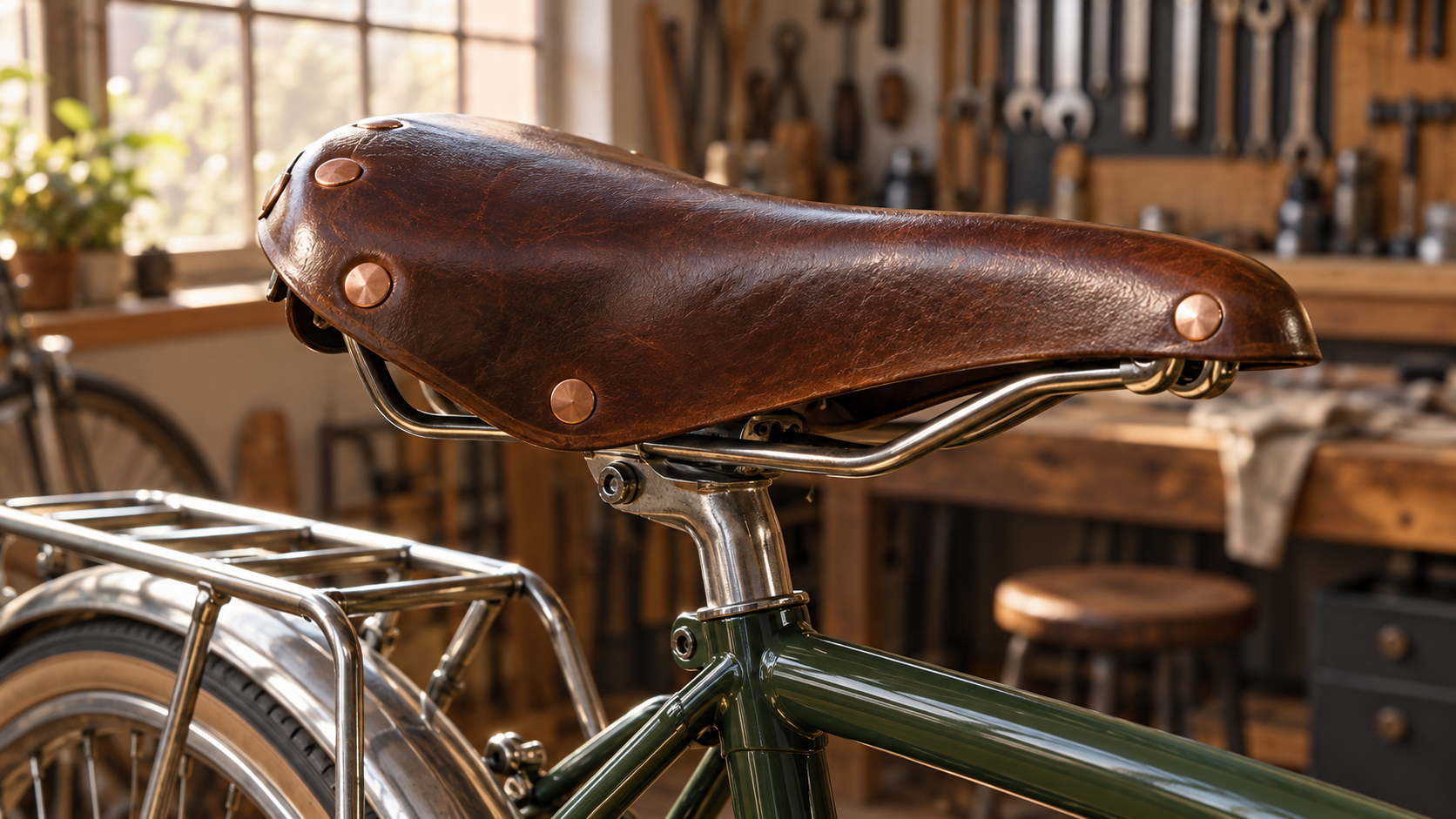 A leather bicycle saddle with metal rivets on a touring bicycle.