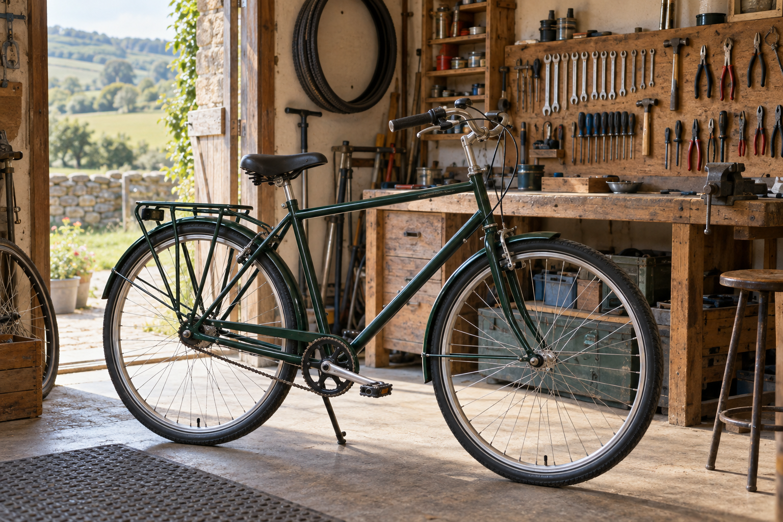 Illustrative utility bicycle in a rural workshop