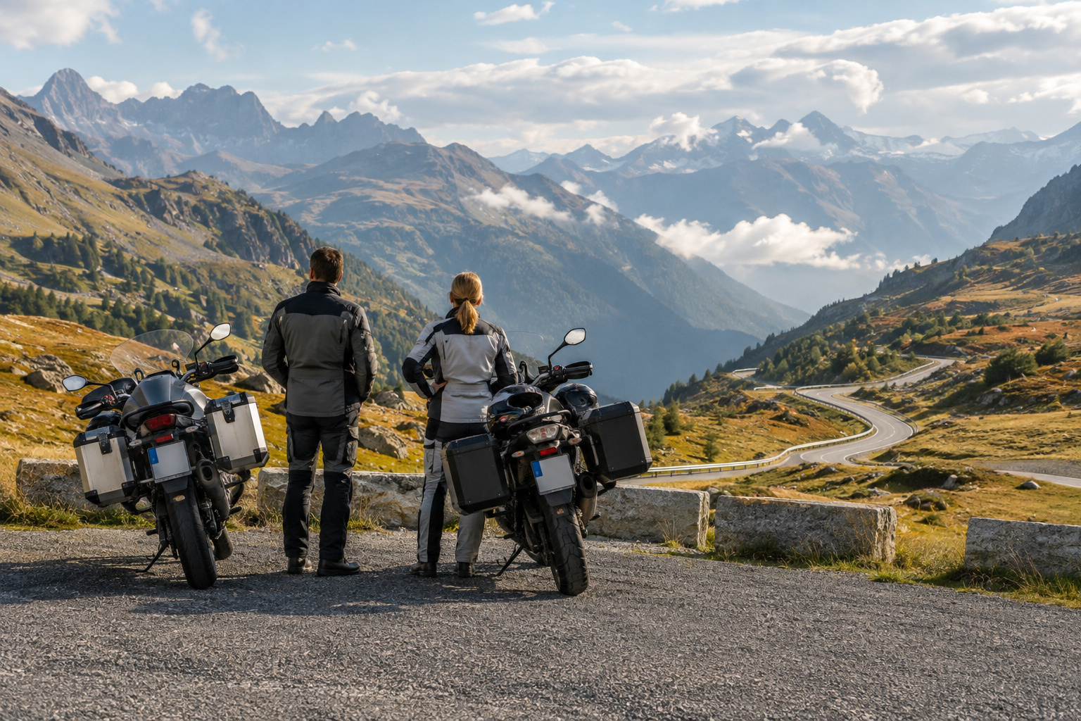 Alpine motorcycle touring illustration; no specific location on the route is depicted.