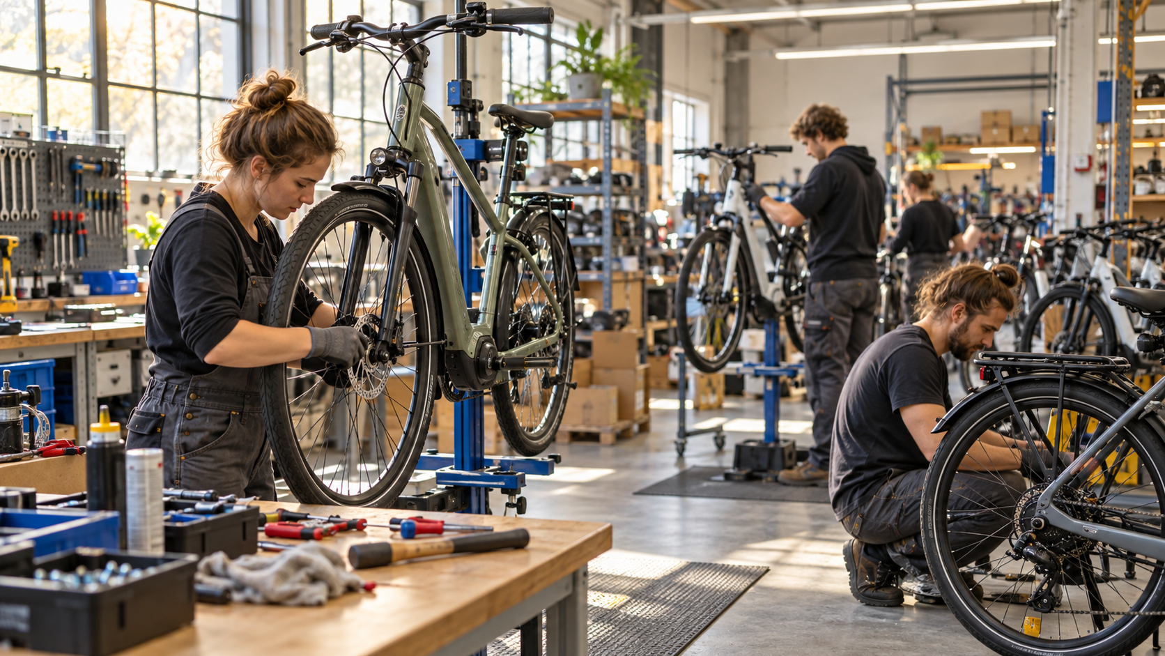 Workers assemble city bicycles in a production workshop
