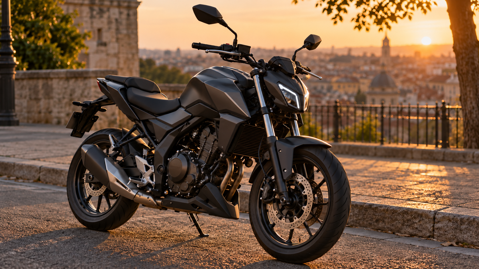 An unbranded compact urban motorcycle in evening light
