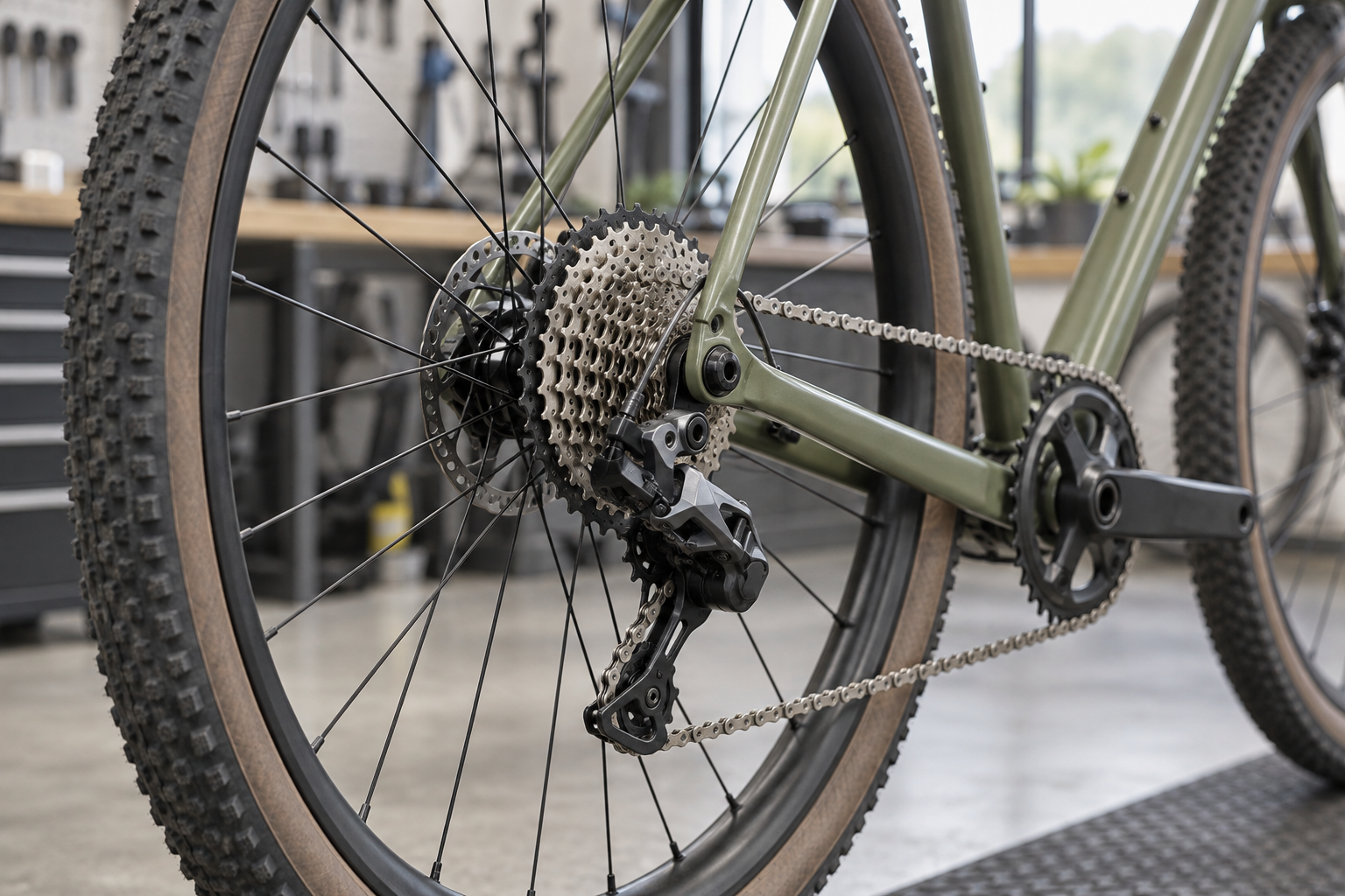 Velosipēda aizmugurējais ritenis, kasete un pārslēdzējs darbnīcā