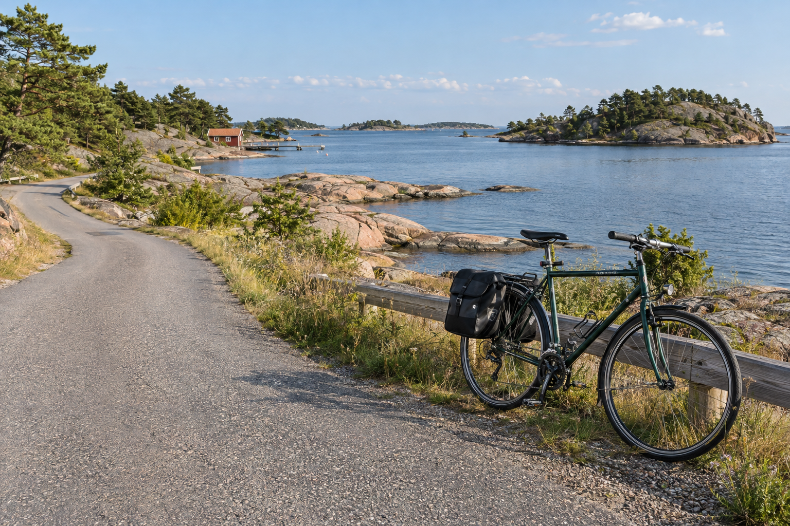 Tūrisma velosipēds pie ceļa Baltijas jūras salu ainavā.