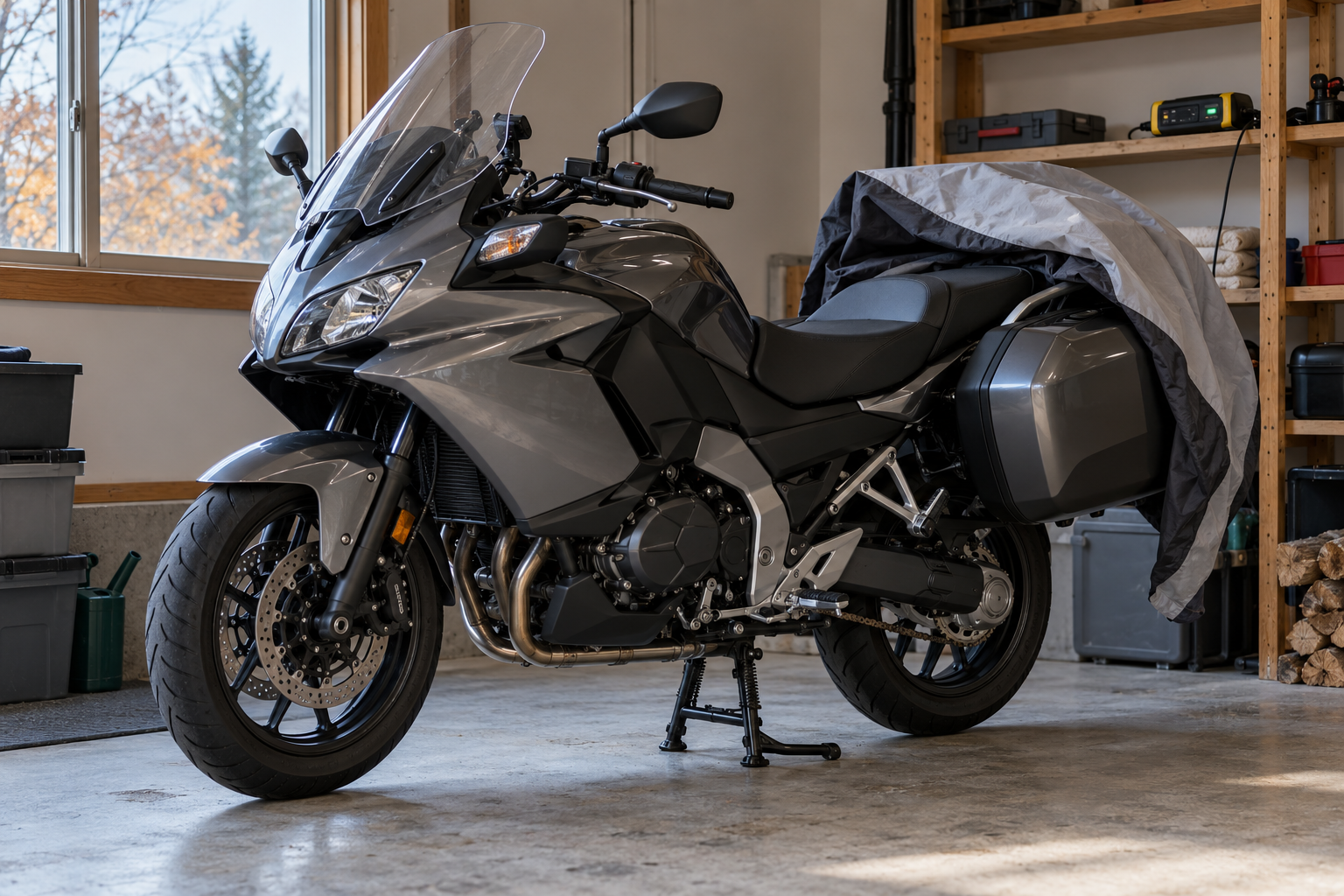 Tīrs ceļojumu motocikls uz centrālā balsta sausā garāžā