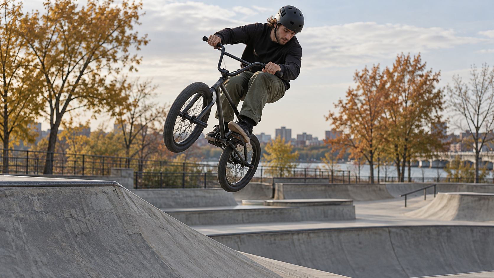 A BMX freestyle rider jumps at an urban concrete bike park