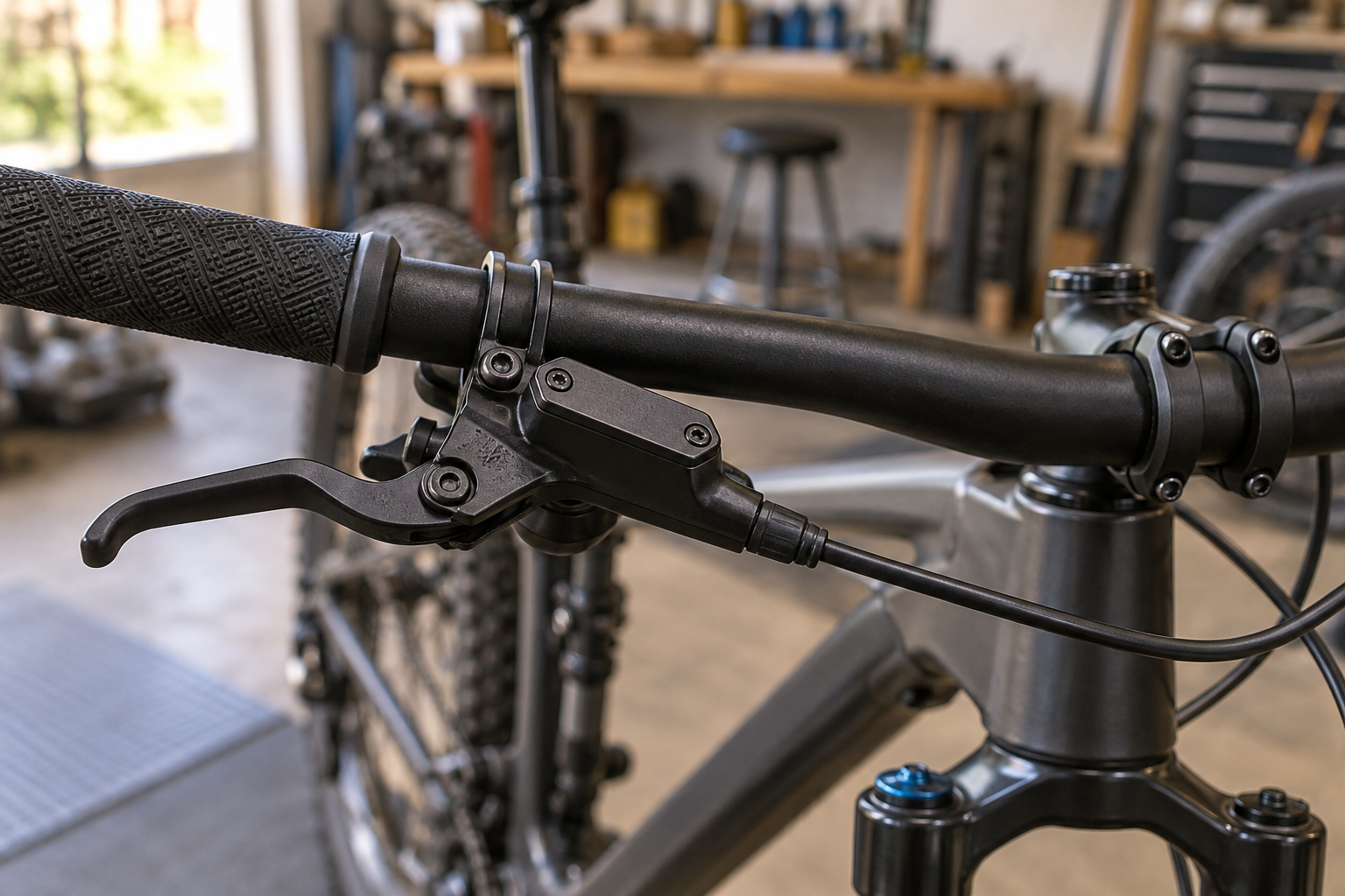 Illustrative hydraulic bicycle brake lever in a workshop
