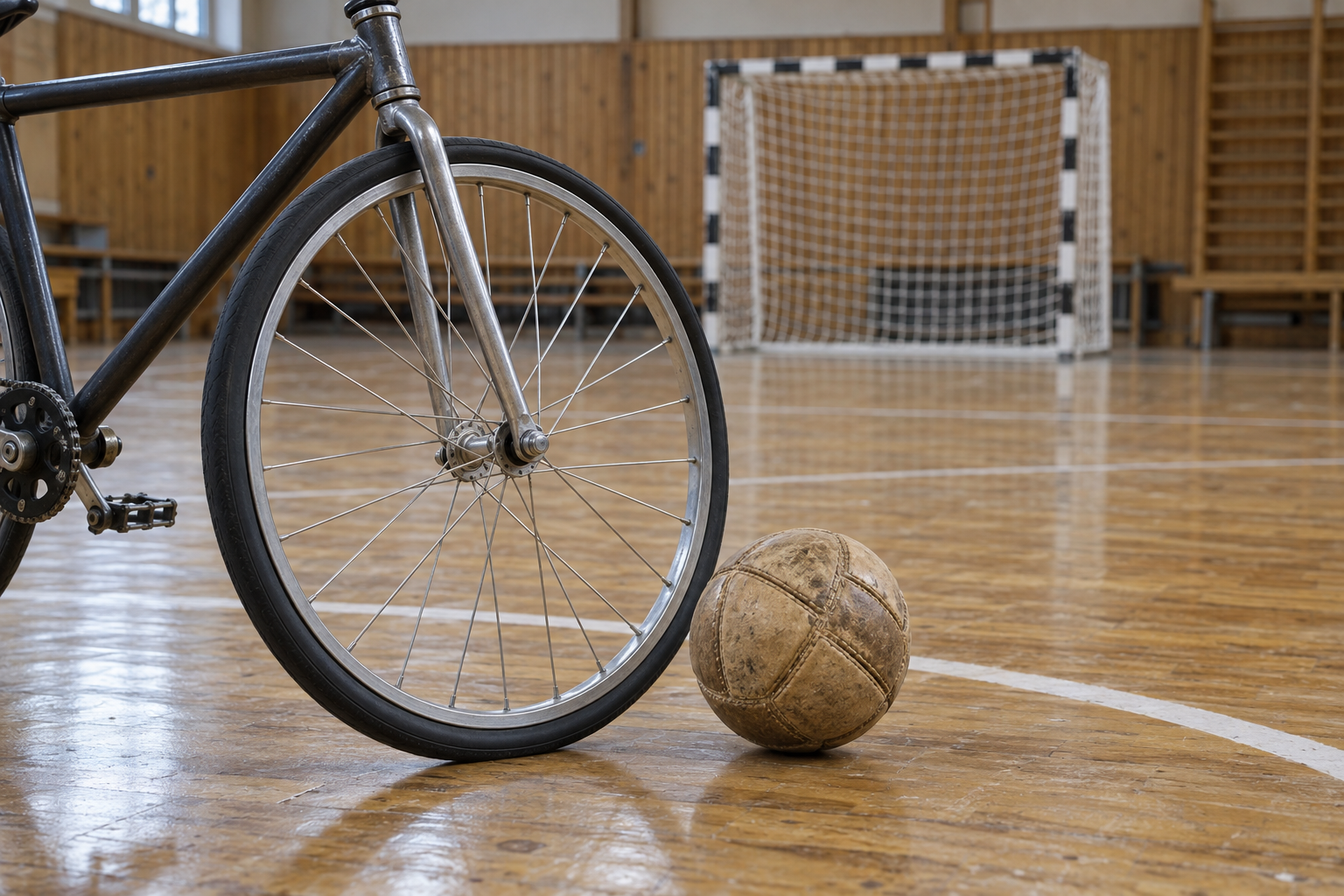 A bicycle wheel and ball in an indoor sports hall