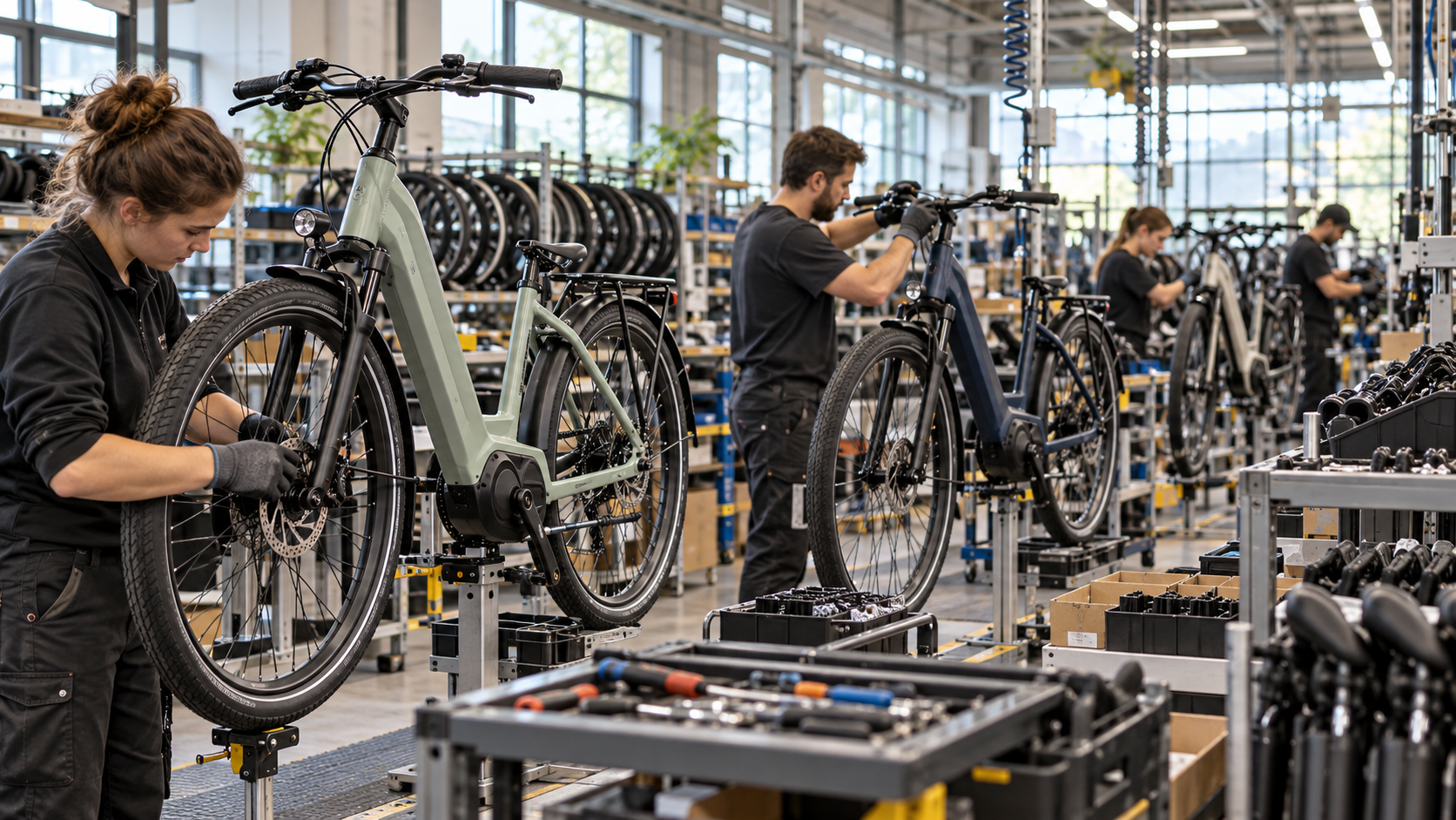 Bicycles being assembled in a workshop