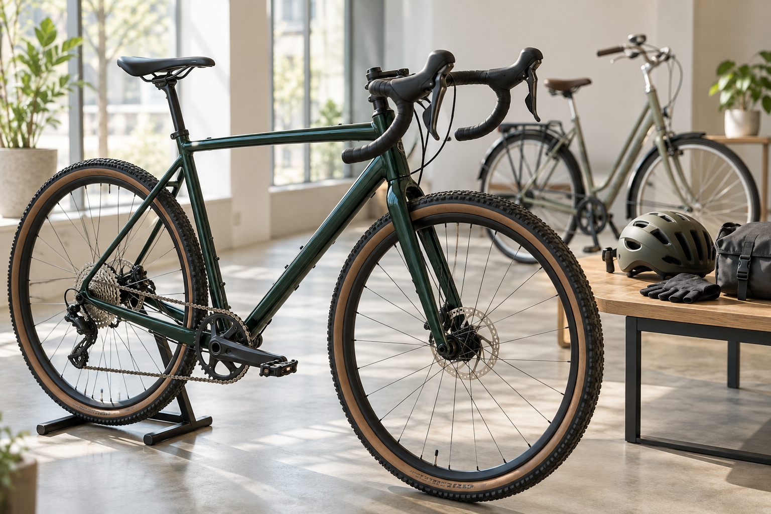 Illustrative image: gravel and city bicycles with cycling accessories.
