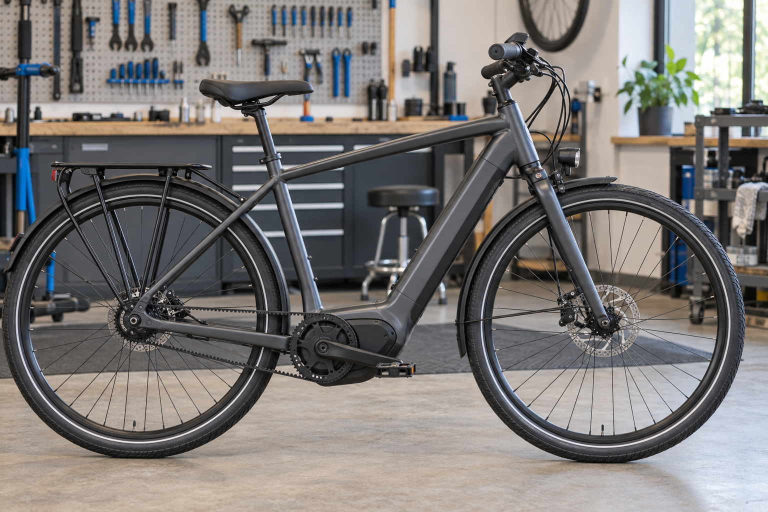 Illustrative belt-drive electric bicycle in a workshop
