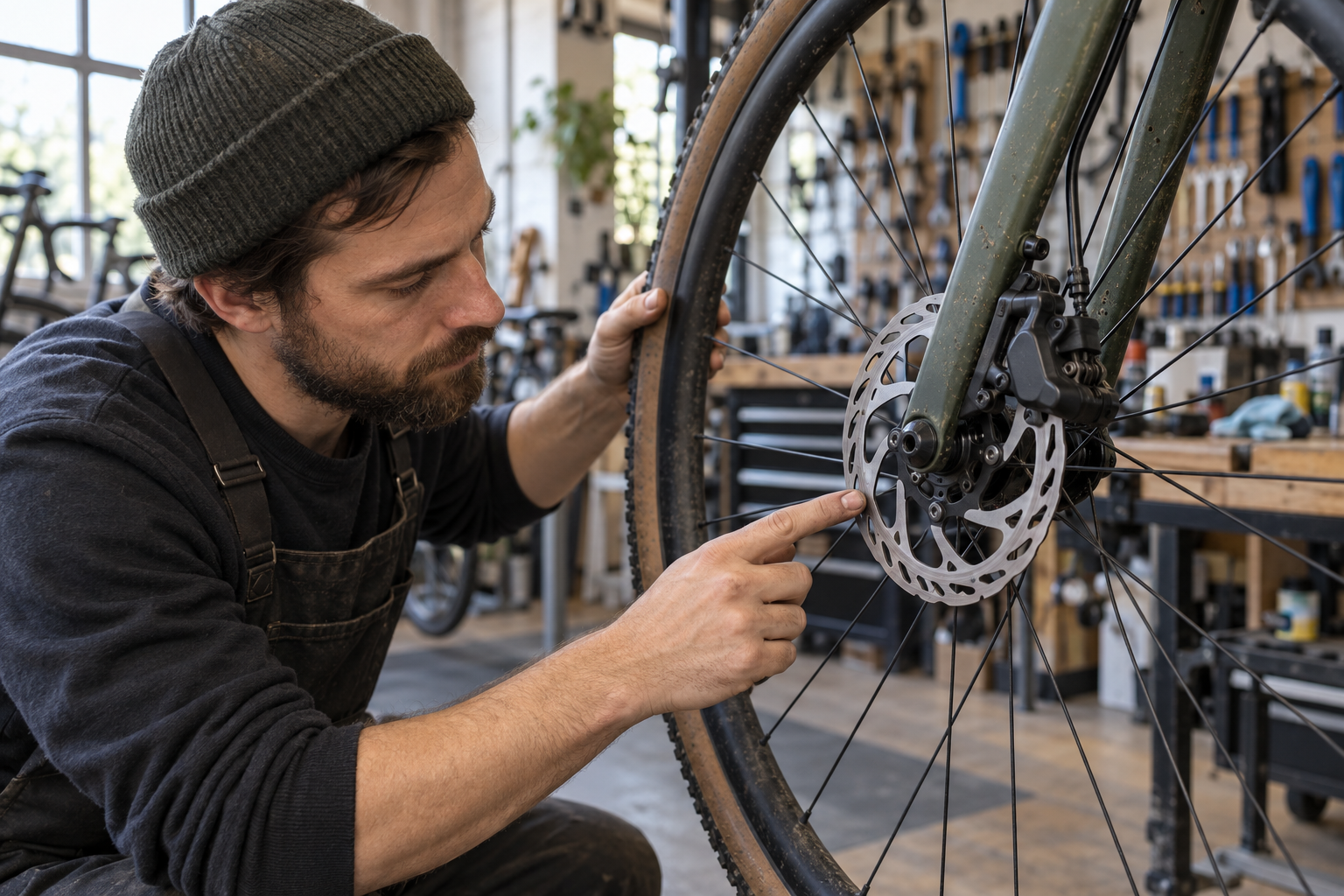 Mechanic inspecting a bicycle disc brake rotor in a workshop