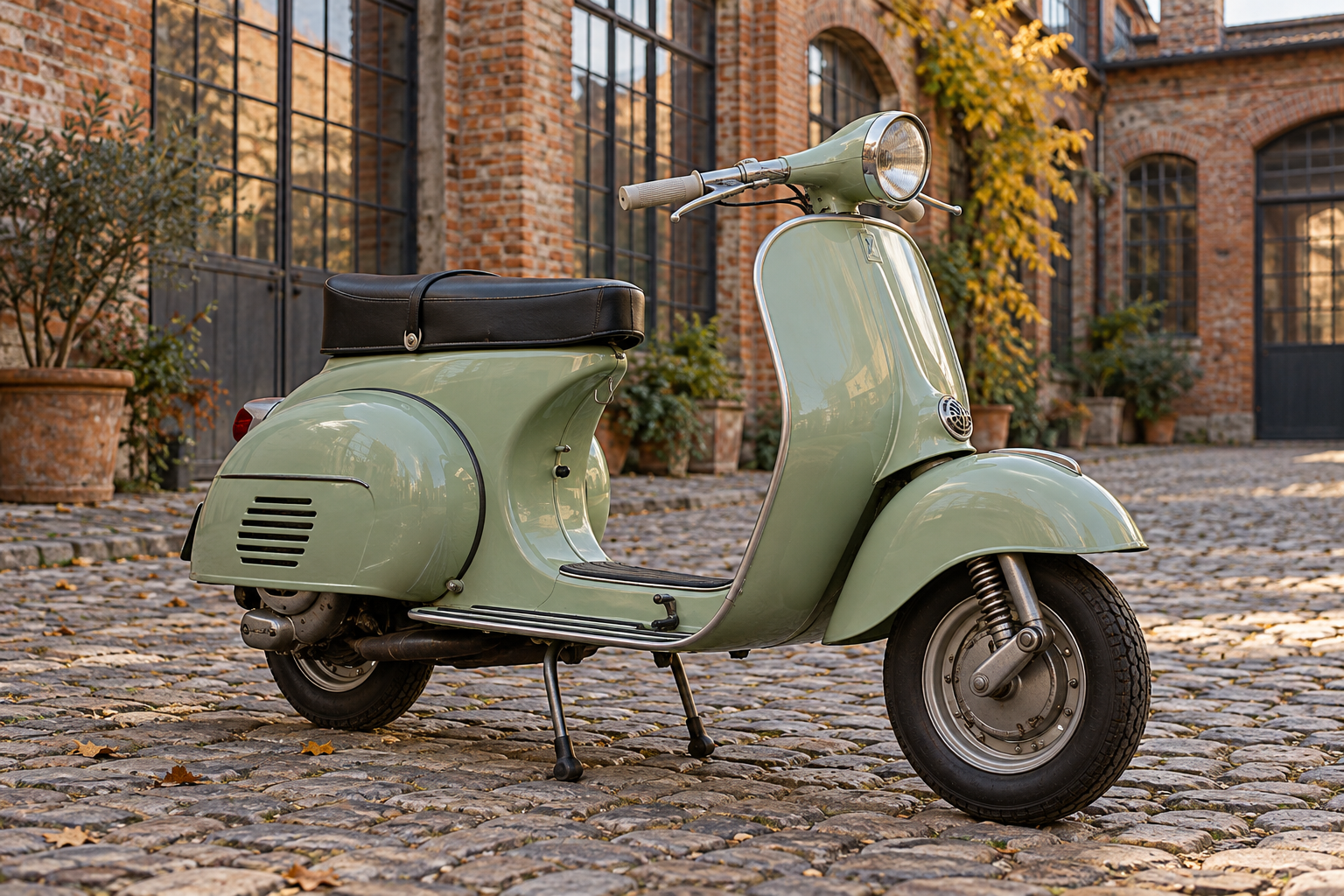A classic green scooter in a brick industrial courtyard