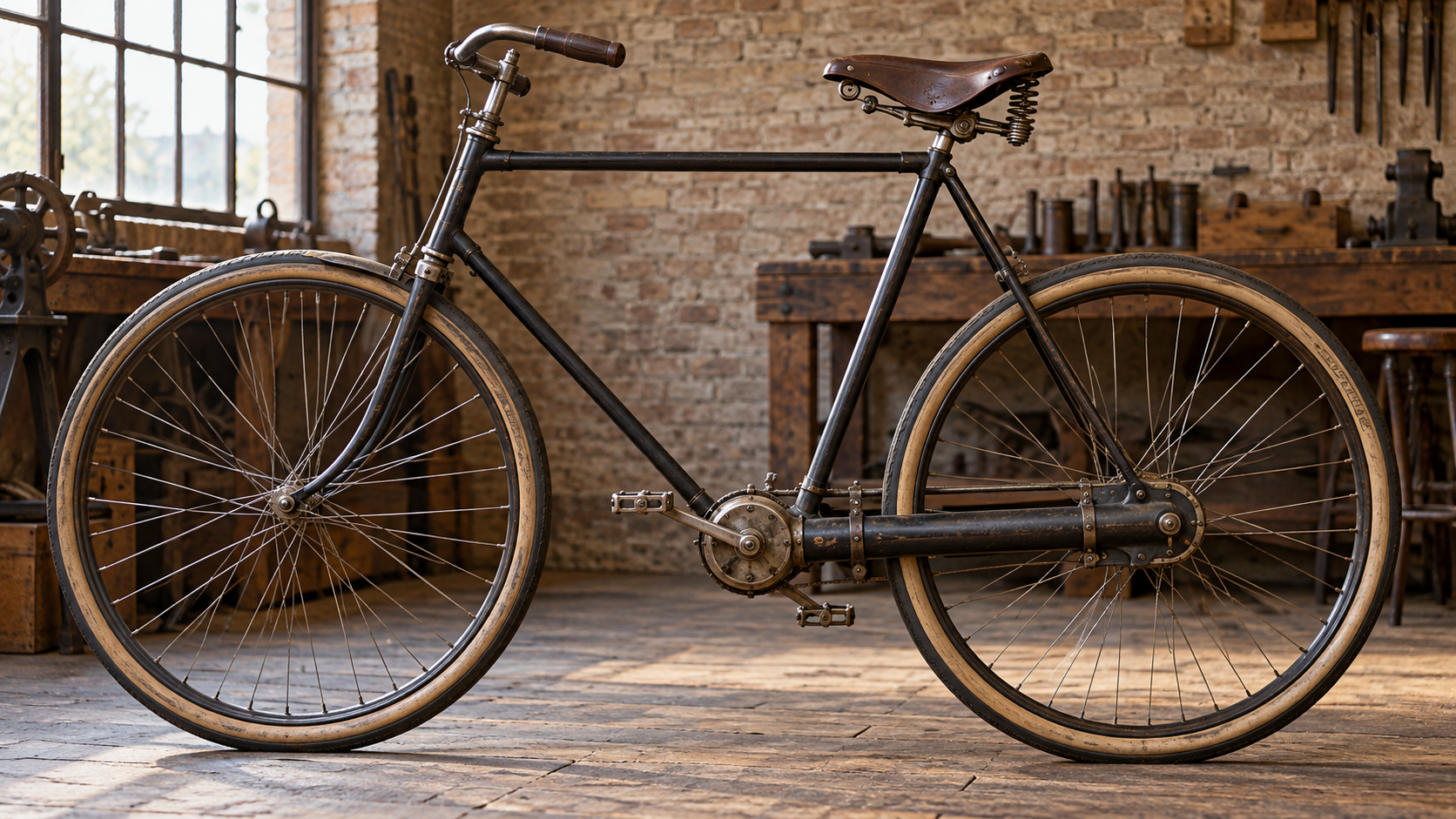 Vintage-style bicycle with an enclosed drive shaft in a workshop