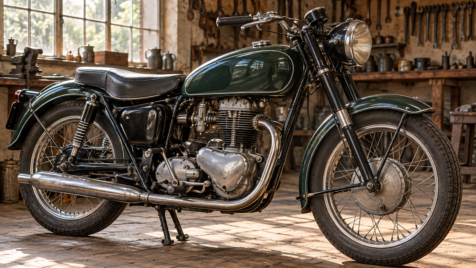 A classic-style motorcycle in a workshop