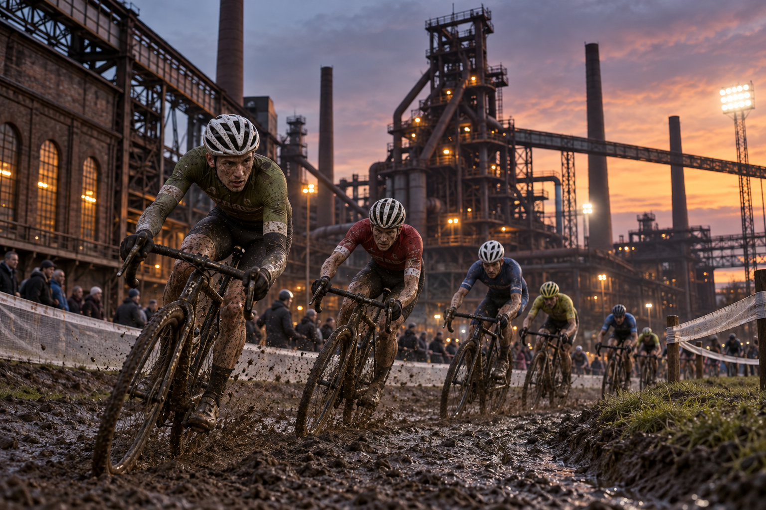 Cyclo-cross riders on a muddy course beside industrial buildings at dusk