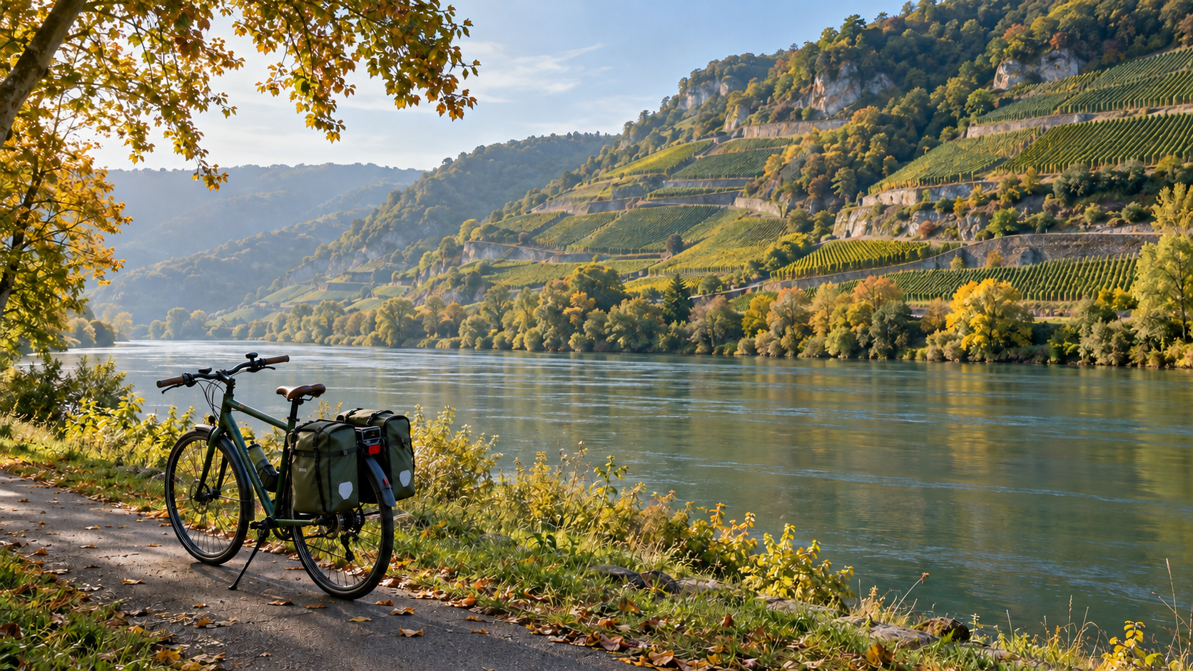 A touring bicycle with panniers beside a river and terraced vineyard slopes.