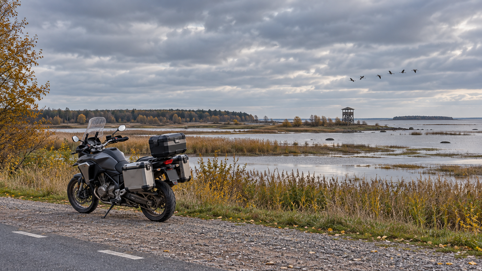 A touring motorcycle beside a coastal wetland in autumn