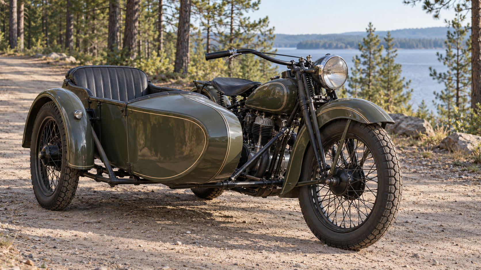 A vintage-style motorcycle with a sidecar on a gravel road.
