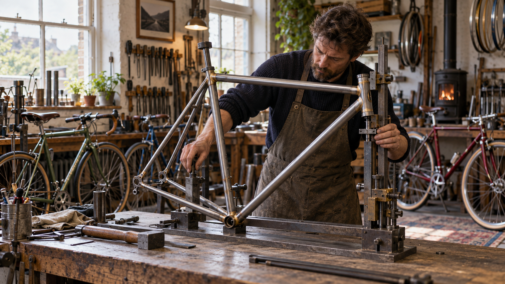 A craftsperson aligns the tubes of a steel bicycle frame in a workshop.
