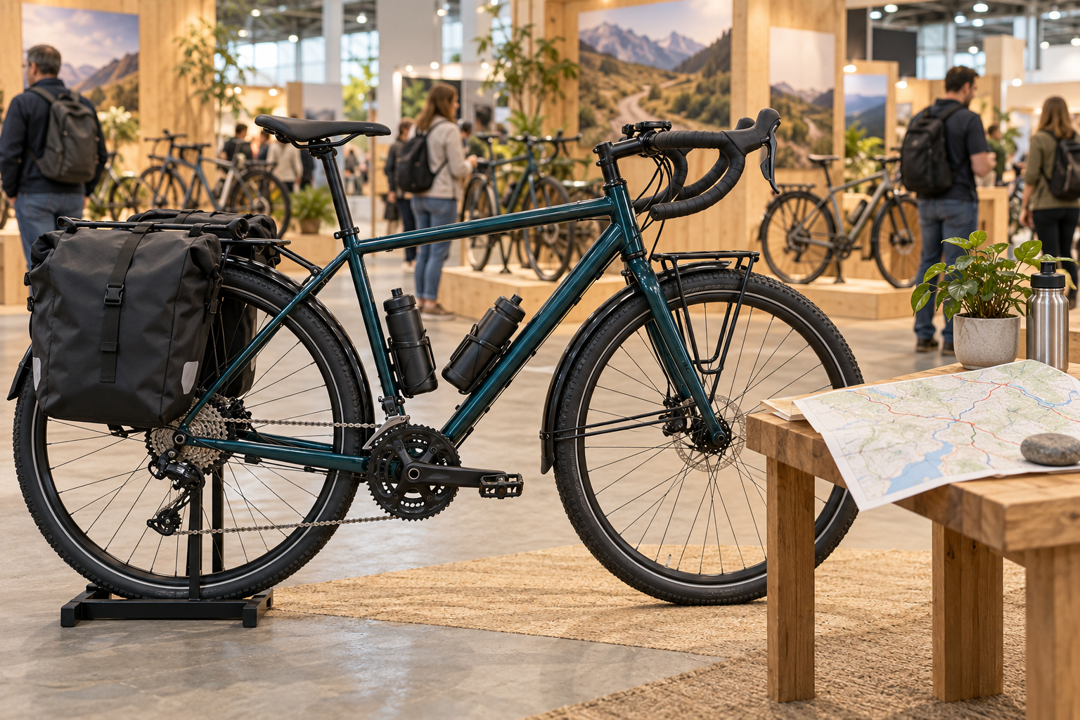 Editorial illustration: a touring bicycle with panniers and a route map in a bright exhibition hall.