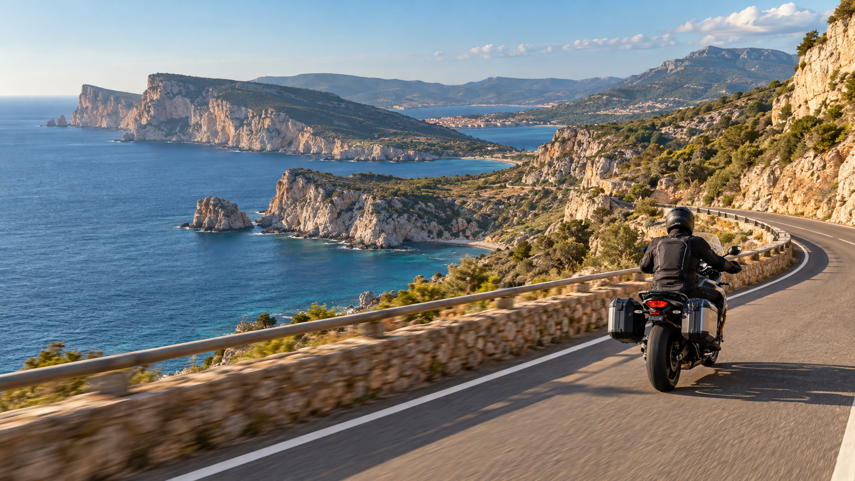 A motorcyclist on a winding coastal road above the Mediterranean