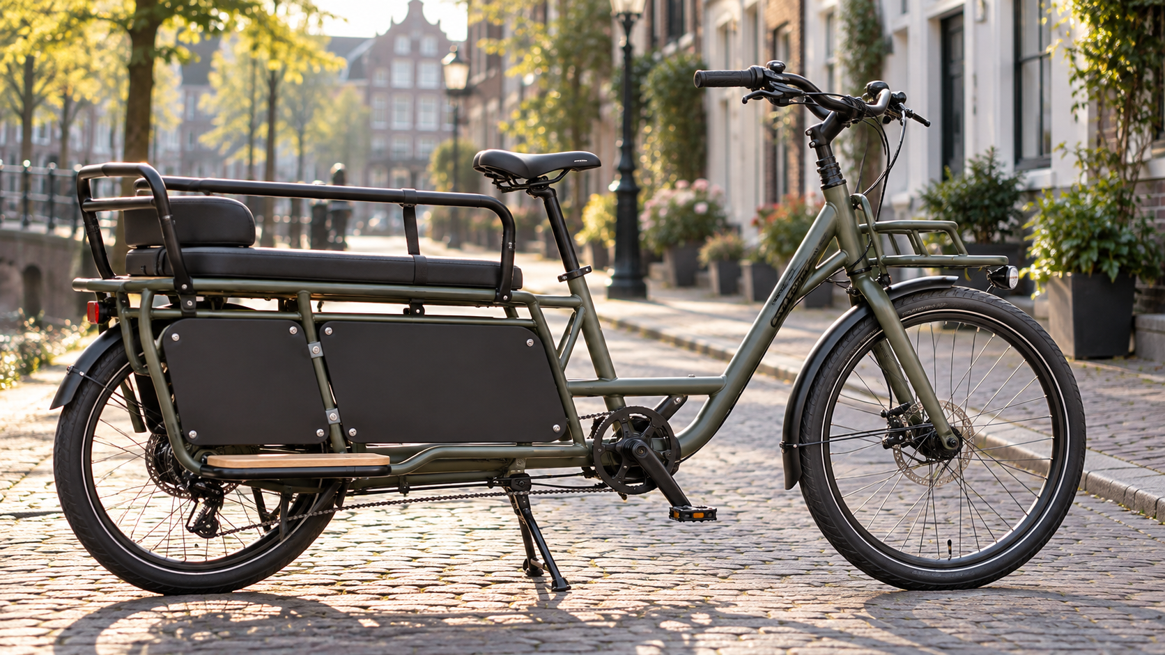 Cargo bicycle with a rear passenger seat and footrests