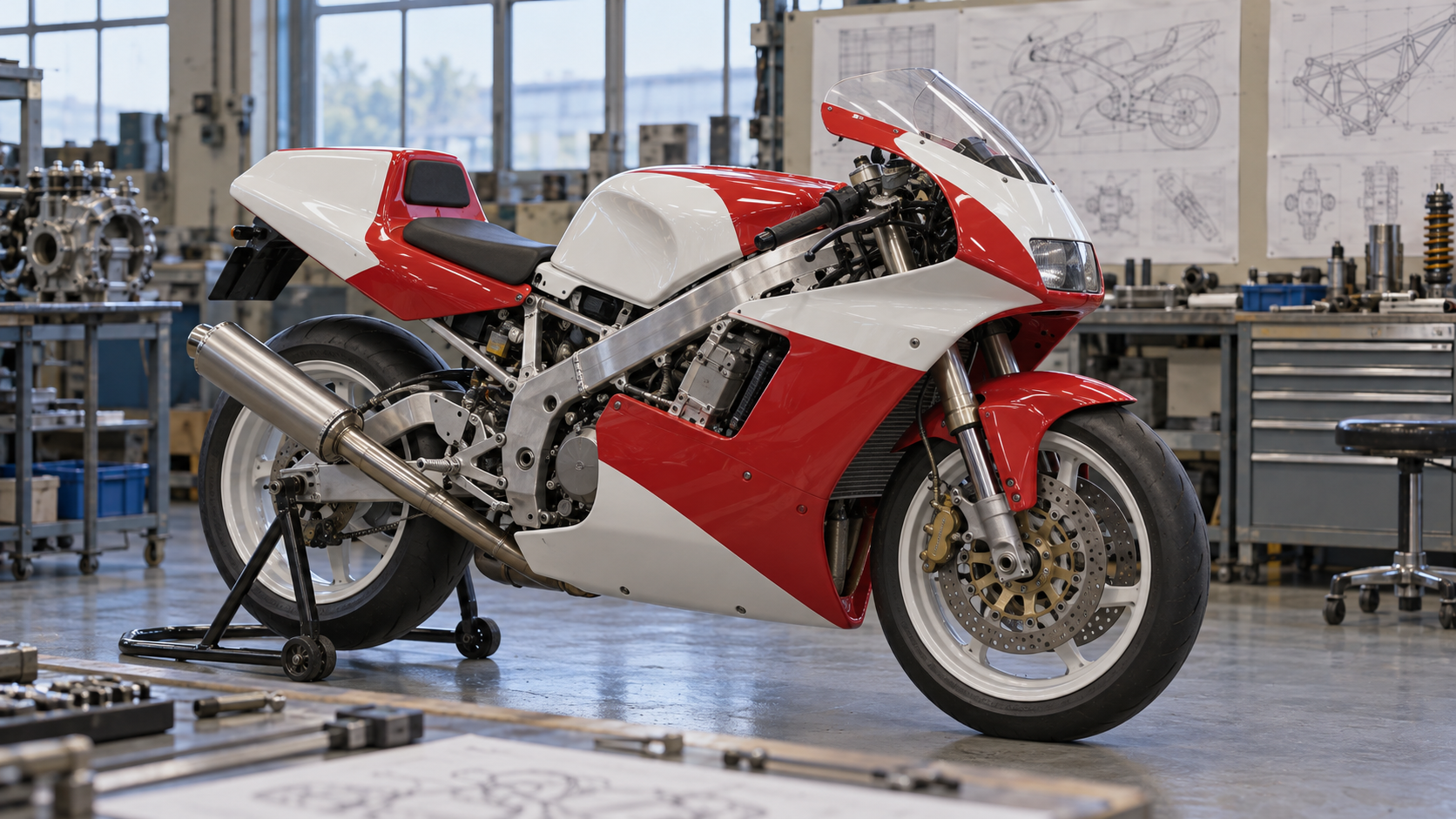 Deviņdesmito gadu stila sporta motocikla prototips darbnīcā