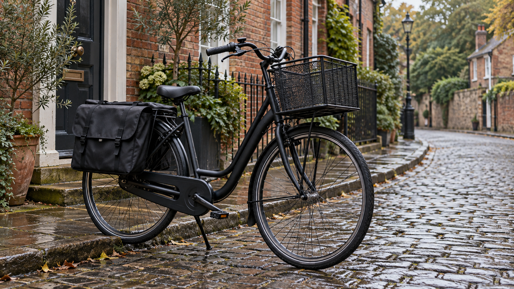 A plain utility bicycle with a front basket and rear bags on a town street