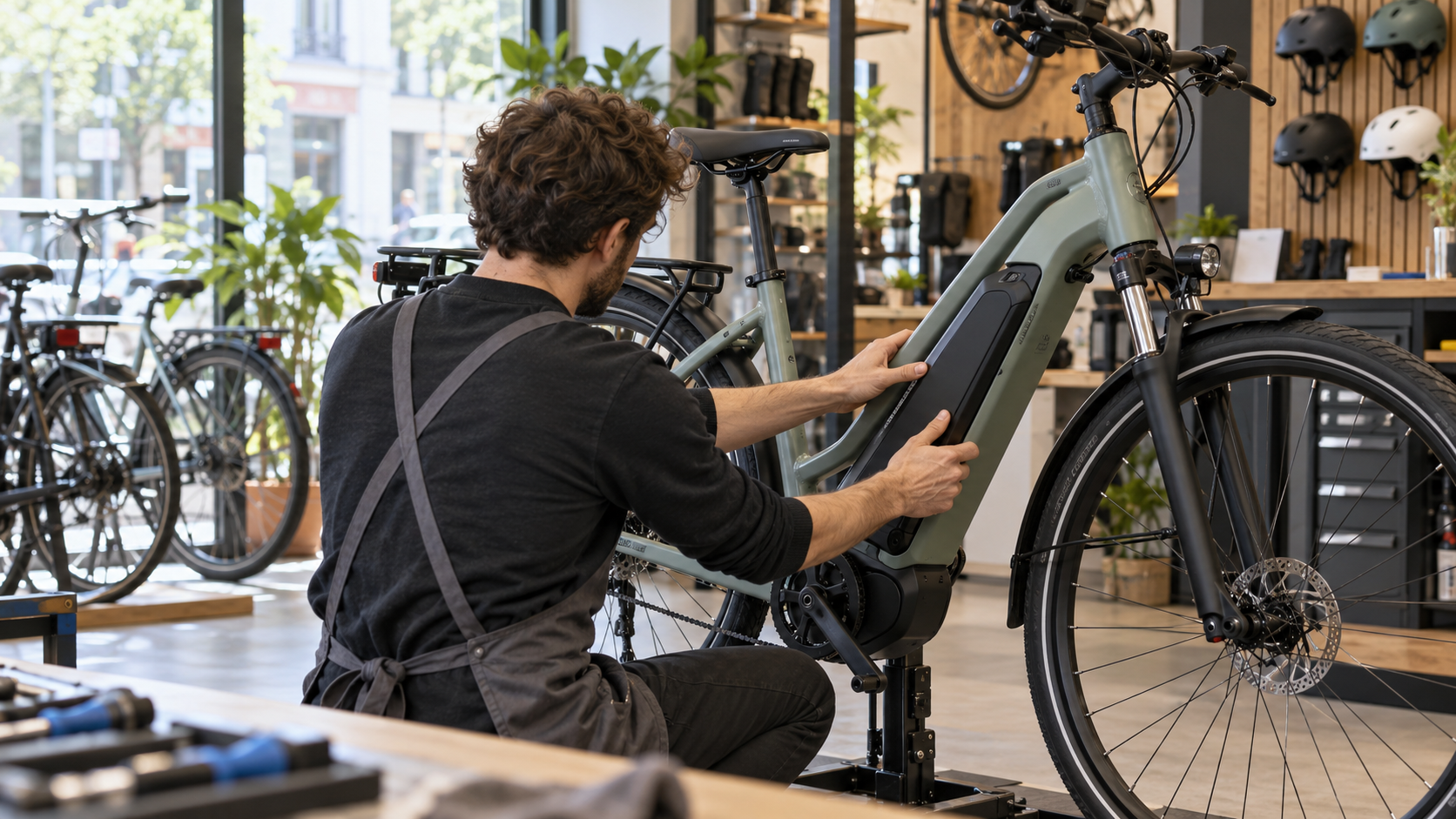 A bicycle mechanic checks the battery mount of an electric bicycle in a workshop