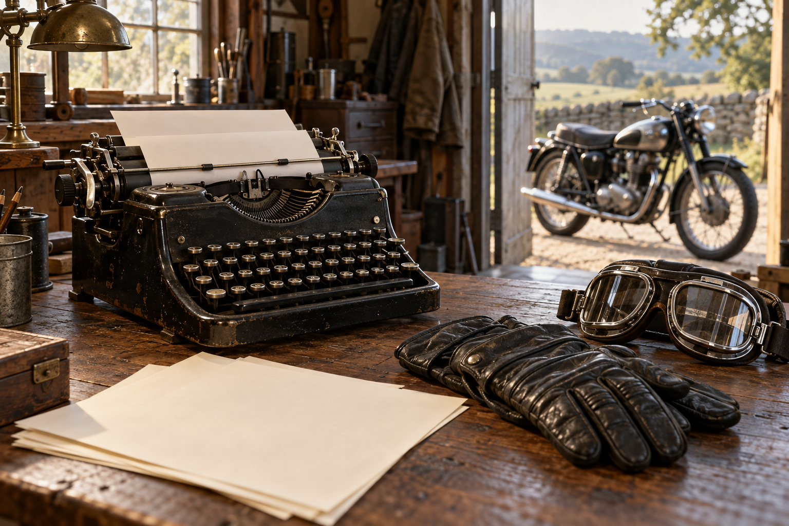 A typewriter, motorcycle gloves and riding goggles — an illustrative image.