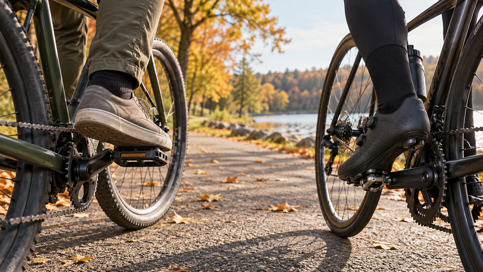 Two cyclists use flat and clip-in pedals on a park path.